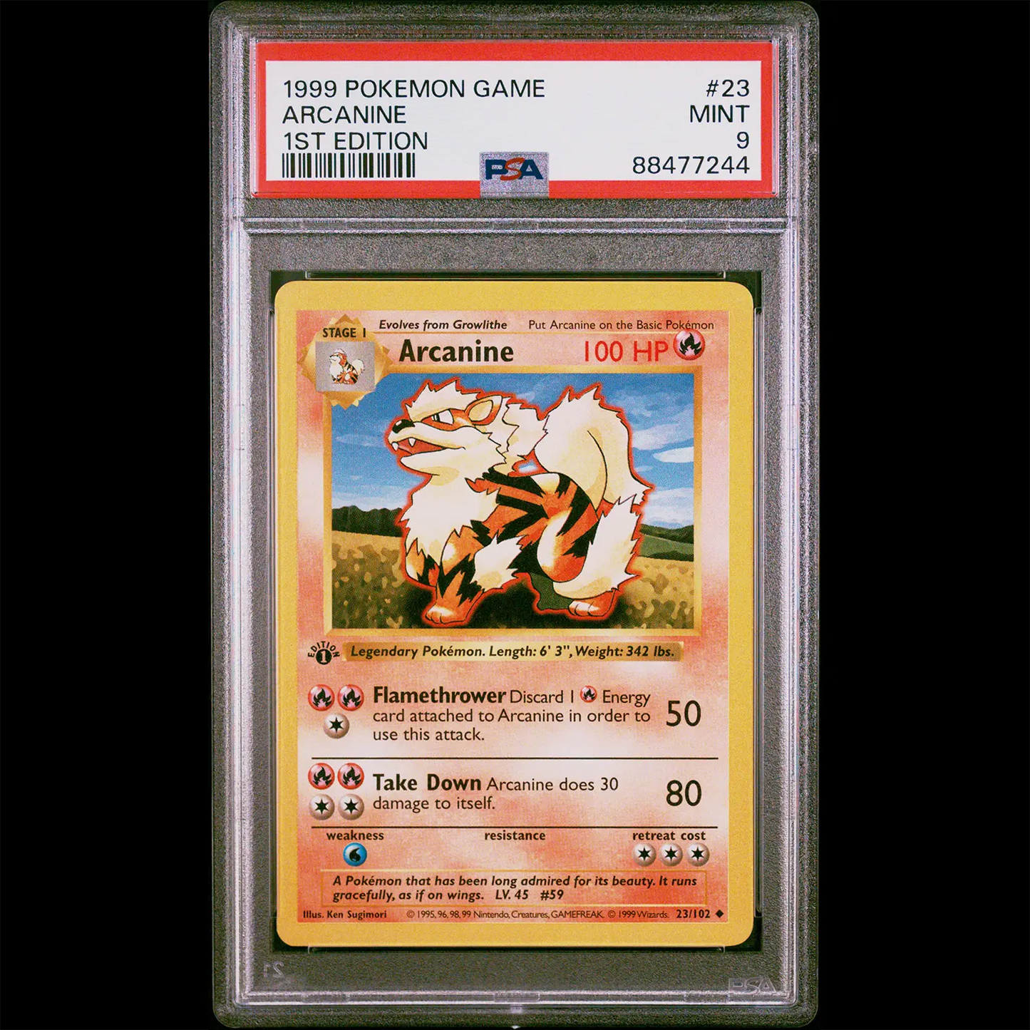 PSA Mint 9 Base Set 1st Edition Shadowless Arcanine from the Pokemon Trading Card Game. PSA Certification Verification #88477244