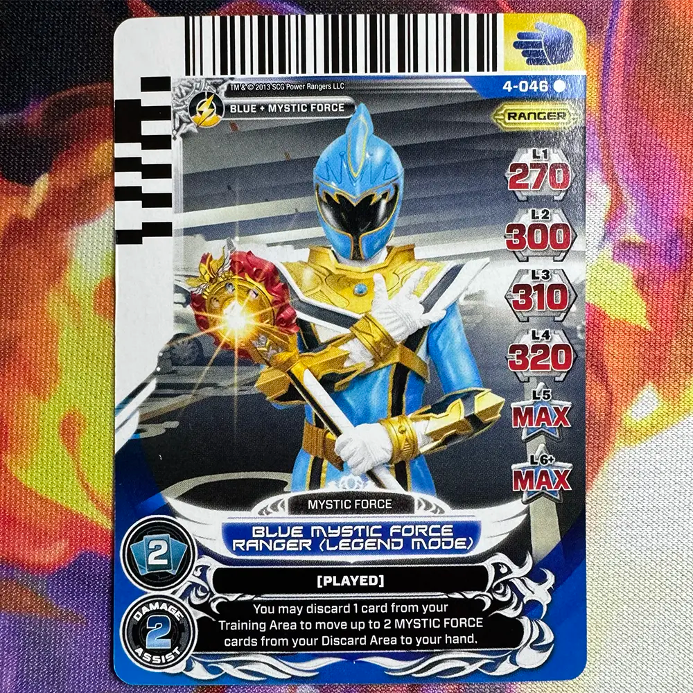 Rare card featuring the Blue Ranger in Legend Mode from Power Rangers Mystic Force. Found in the Legends Unite expansion to the Power Rangers Action Card Game.