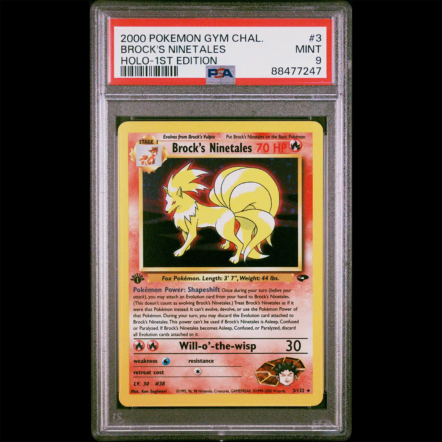 PSA Mint 9 Gym Challenge 1st Edition Holo Brock's Ninetales from the Pokemon Trading Card Game. PSA Certification Verification #88477247