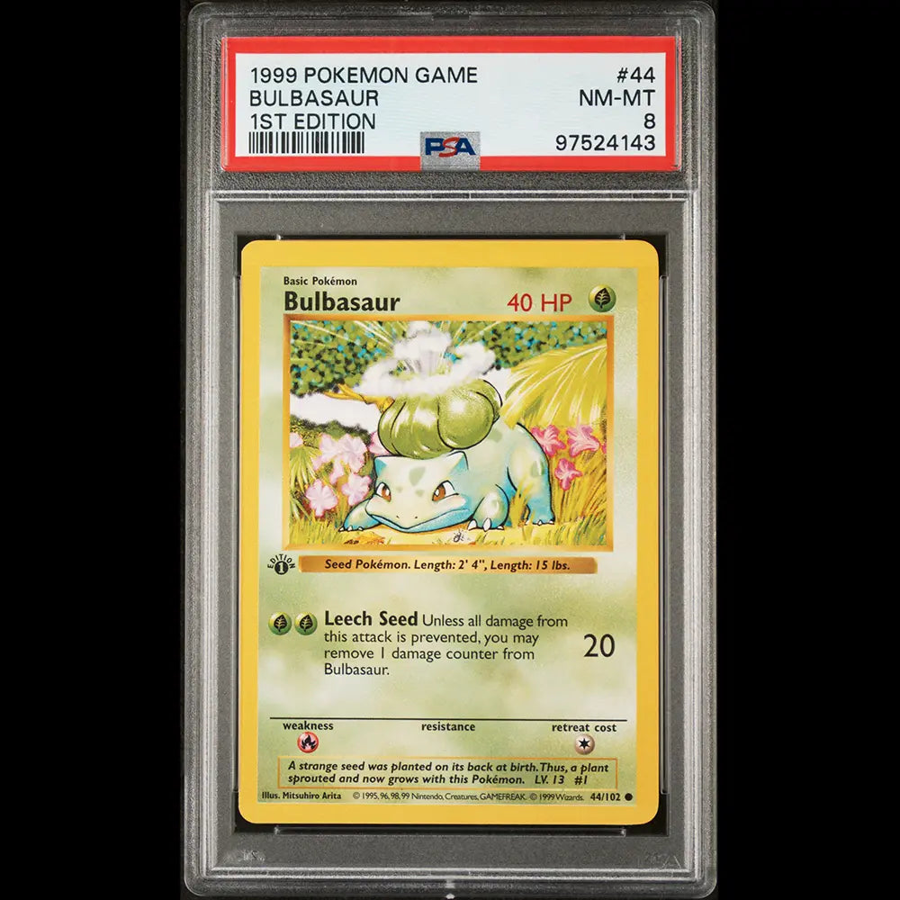 PSA Near Mint / Mint 8 Base Set 1st Edition Shadowless Bulbasaur from the Pokemon Trading Card Game.