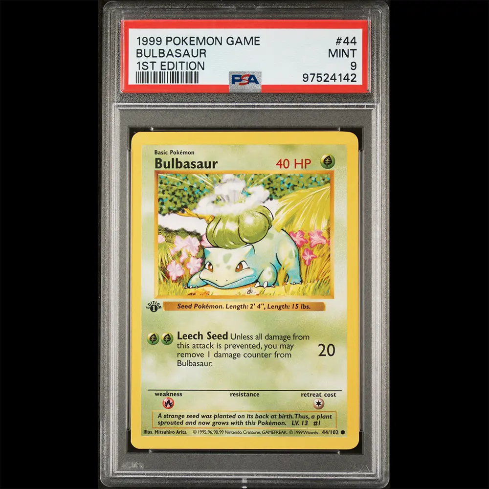 PSA Mint 9 Base Set 1st Edition Shadowless Bulbasaur from the Pokemon Trading Card Game.