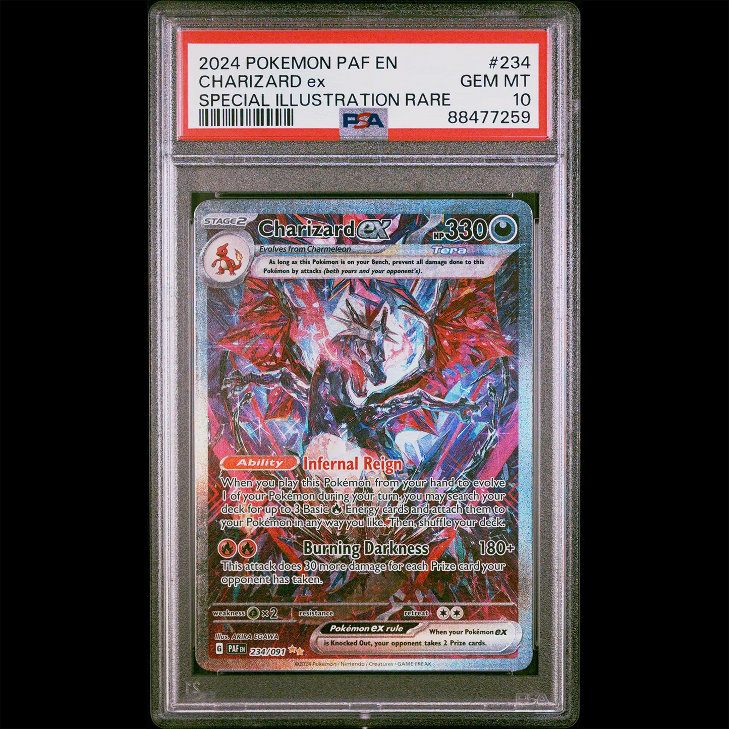 PSA Gem Mint 10 Paldean Fates Special Illustration Rare Holo Charizard from the Pokemon Trading Card Game. PSA Certification Verification #88477259