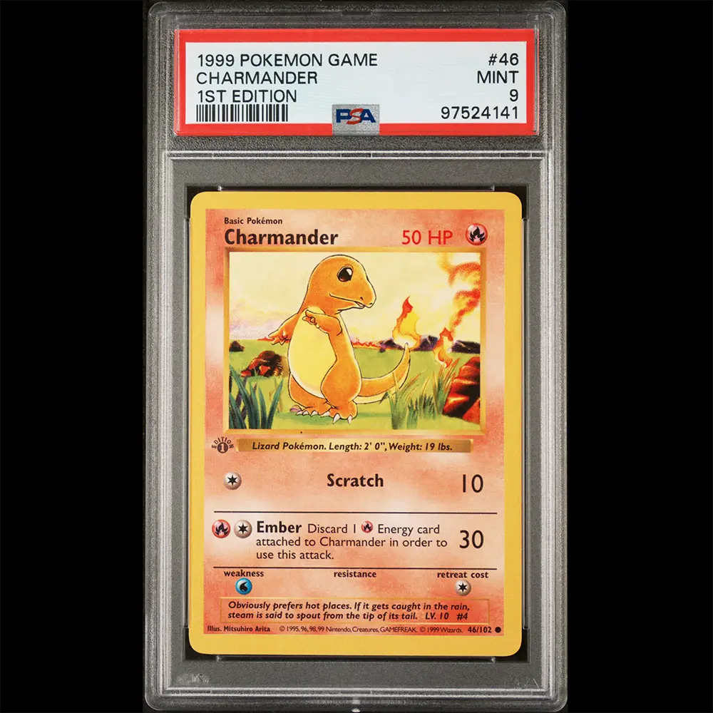 PSA Mint 9 Base Set 1st Edition Shadowless Charmander from the Pokemon Trading Card Game.