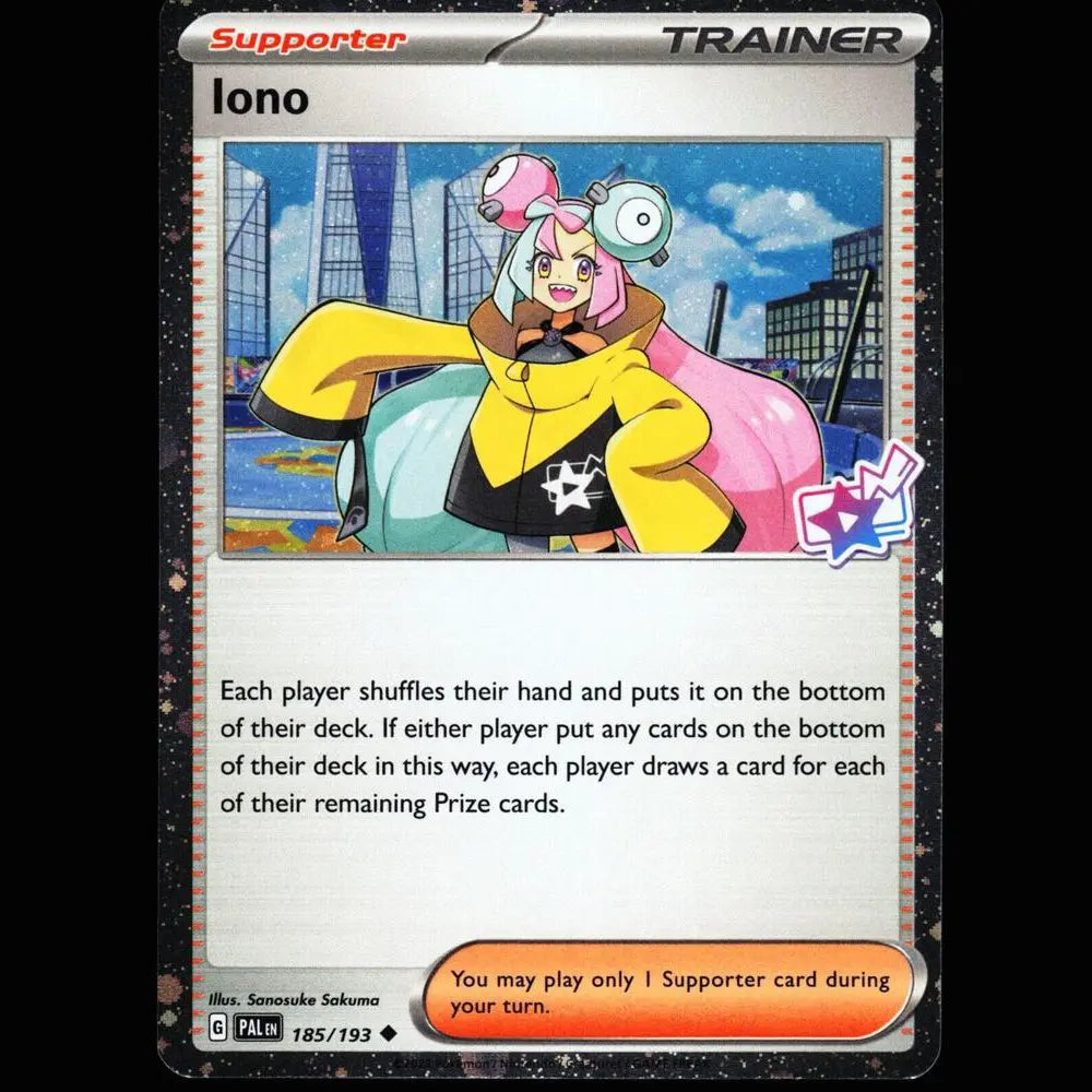 Promo card found in the Iono Premium Tournament Collection of the Pokemon Trading Card Game. This card features a special cosmo foil pattern, as well as a Iono Premium Tournament Collection symbol.