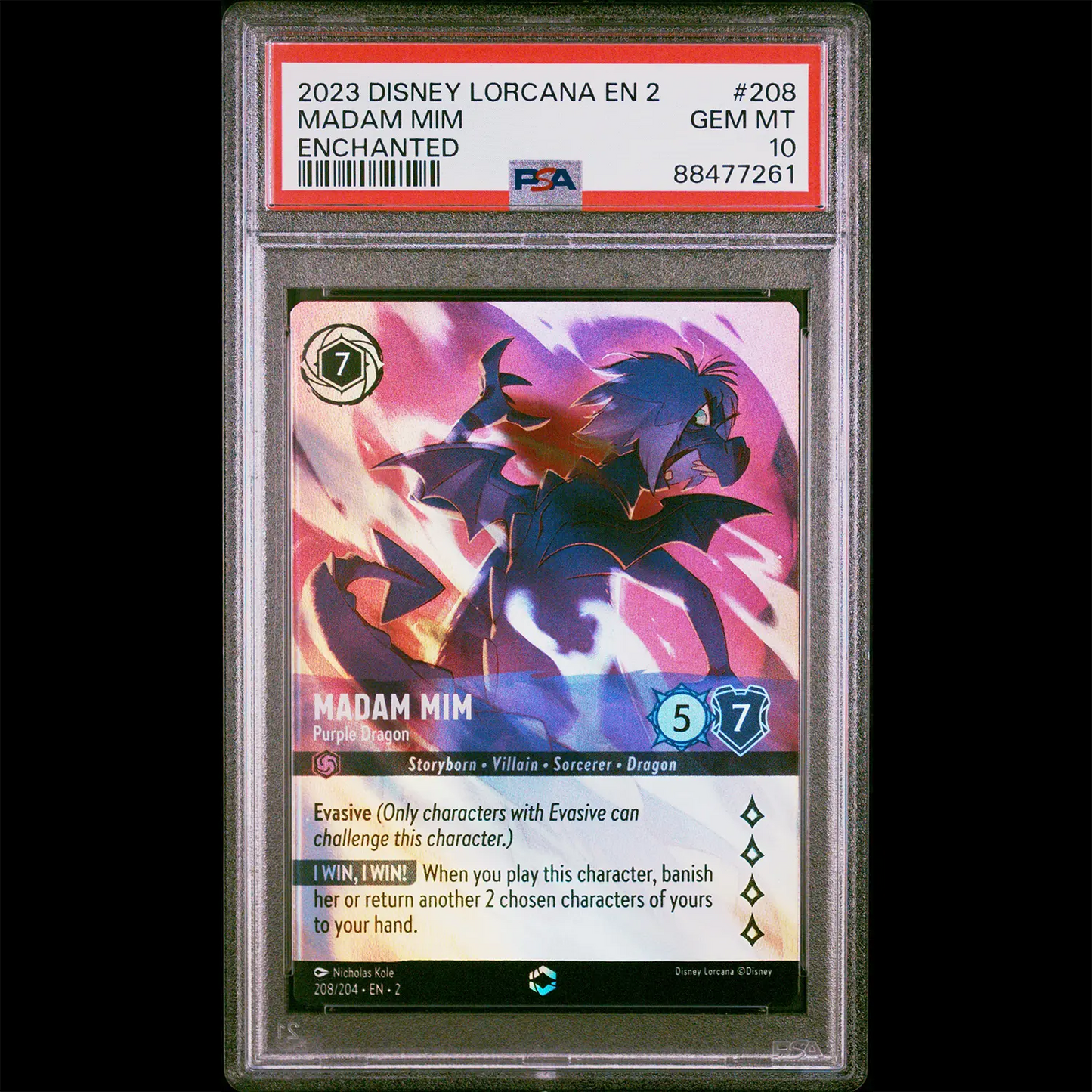 PSA Gem Mint 10 Rise of the Floodborn Enchanted Madam Mim - Purple Dragon from the Lorcana trading card game. PSA Certification Verification #88477261