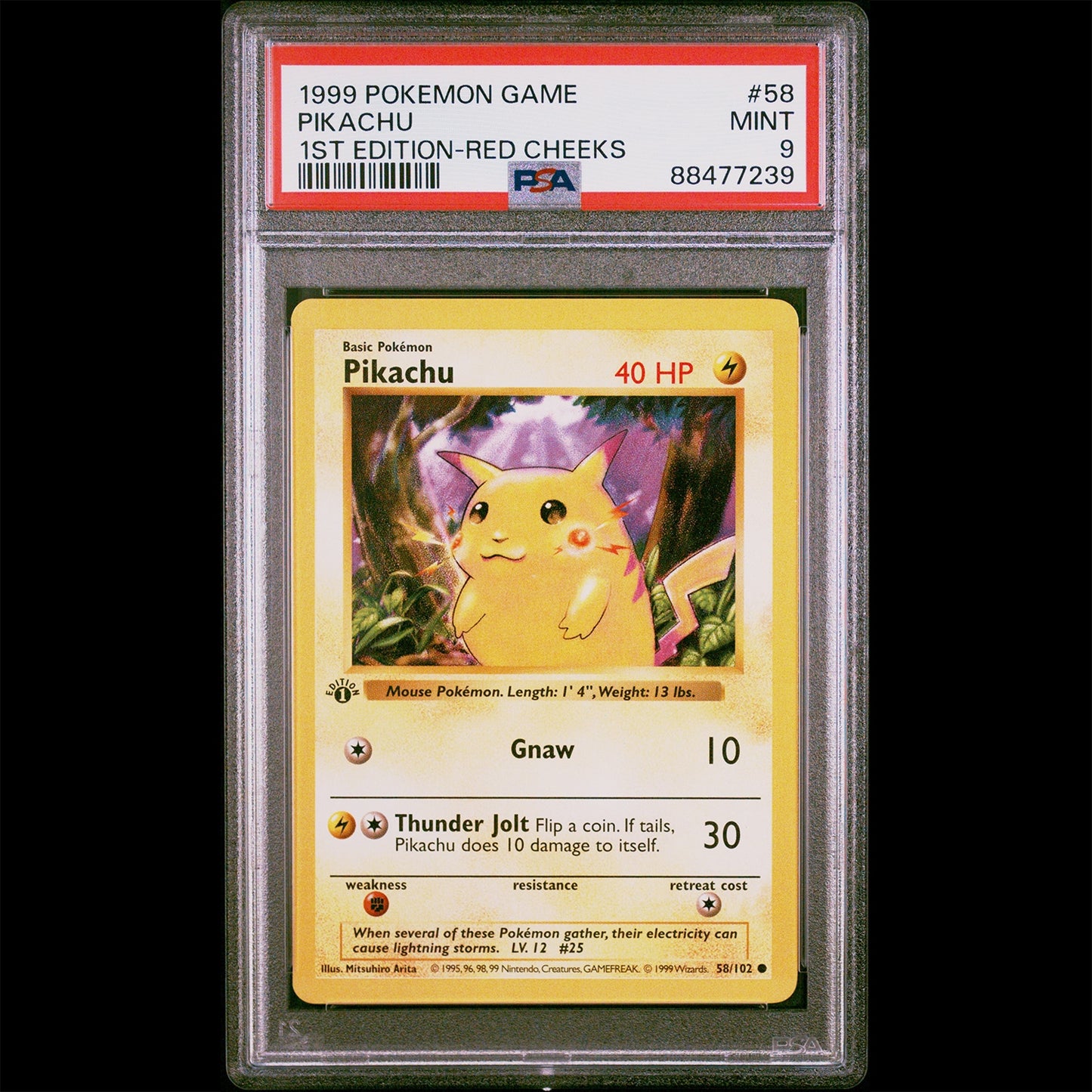 PSA Mint 9 Base Set 1st Edition Red Cheeks Pikachu from the Pokemon Trading Card Game. PSA Certification Verification #88477239