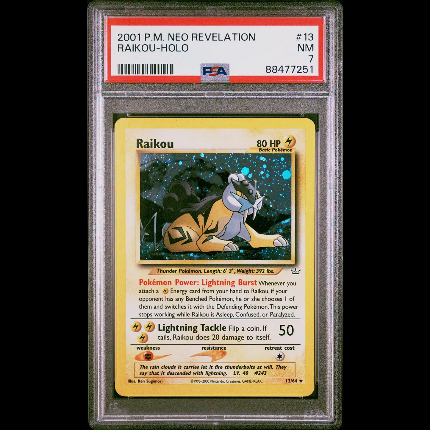 PSA Near Mint 7 Neo Revelation Holo Raikou from the Pokemon Trading Card Game. PSA Certification Verification #88477251