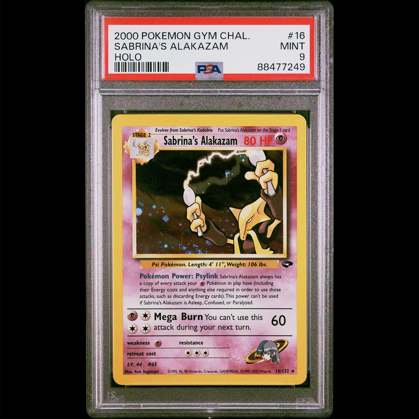 PSA Mint 9 Gym Challenge Holo Sabrina's Alakazam from the Pokemon Trading Card Game. PSA Certification Verification #88477249