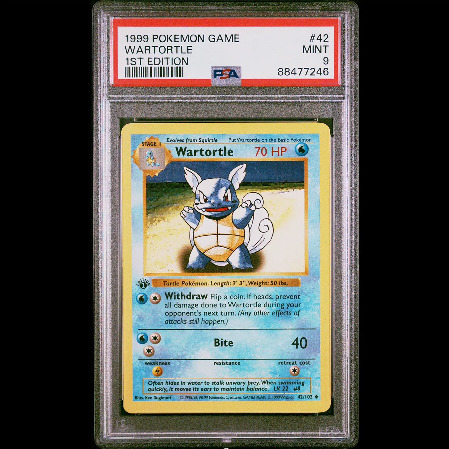 PSA Mint 9 Base Set 1st Edition Shadowless Wartortle from the Pokemon Trading Card Game. PSA Certification Verification #88477246