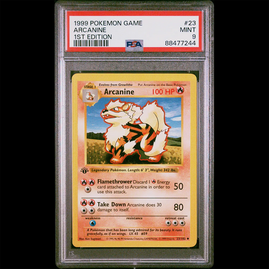 PSA Mint 9 Base Set 1st Edition Shadowless Arcanine from the Pokemon Trading Card Game.  PSA Certification Verification #88477244