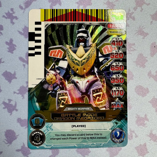 Ultra Rare card featuring the Dragon Megazord in Battle Mode from Mighty Morphin Power Rangers. Found in the Rise of Heroes set in the Power Rangers Action Card Game.