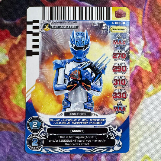 Rare card featuring the Blue Ranger in Jungle Master Mode from Power Rangers Jungle Fury. Found in the Legends Unite expansion to the Power Rangers Action Card Game.