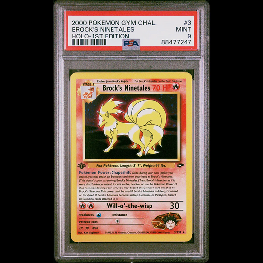 PSA Mint 9 Gym Challenge 1st Edition Holo Brock's Ninetales from the Pokemon Trading Card Game.  PSA Certification Verification #88477247