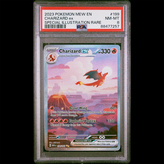 PSA Near Mint 8 151 Illustration Rare Holo Charizard ex from the Pokemon Trading Card Game.  PSA Certification Verification #88477257