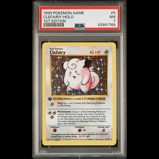 PSA Near Mint 7 Base Set 1st Edition Shadowless Clefairy from the Pokemon Trading Card Game.