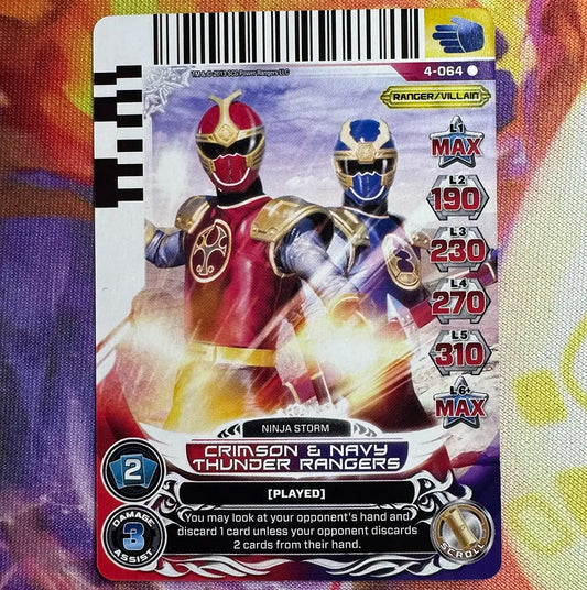 Rare card featuring the Crimson and Navy Thunder Rangers from Power Rangers Ninja Storm. Found in the Legends Unite expansion to the Power Rangers Action Card Game.