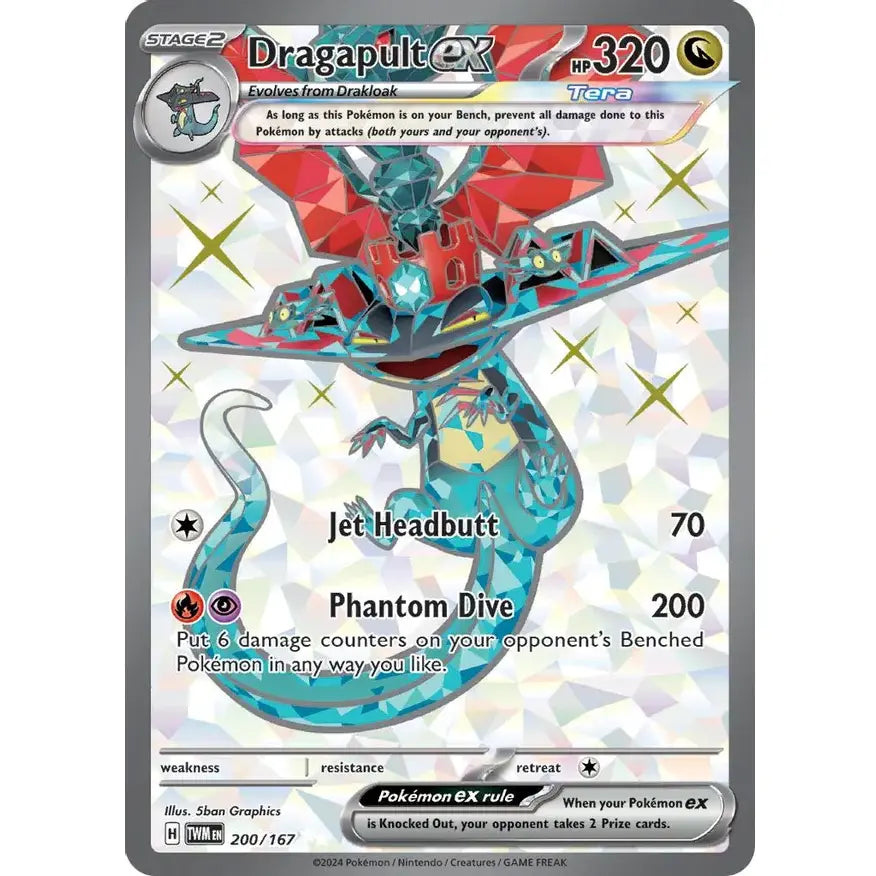Dragapult ex Ultra Rare holo from Twilight Masquerade — the Regional-winning Pokémon card Dragapult ex Ultra Rare holo card from Twilight Masquerade, the Tera dragon wreathed in crystalline energy