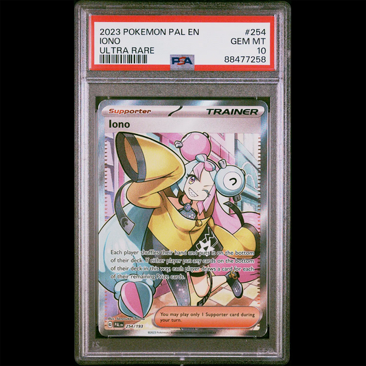 PSA Gem Mint 10 Paldea Evolved Full Art Ultra Rare Holo Iono from the Pokemon Trading Card Game.  PSA Certification Verification #88477258