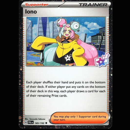 Promo card found in the Iono Premium Tournament Collection of the Pokemon Trading Card Game.  This card features a special cosmo foil pattern, as well as a Iono Premium Tournament Collection symbol.