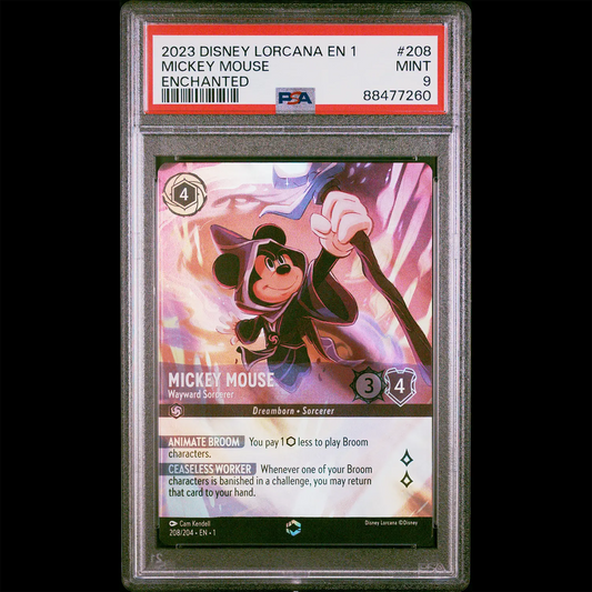 PSA Mint 9 The First Chapter Enchanted Mickey Mouse - Wayward Sorcerer from the Lorcana trading card game.  PSA Certification Verification #88477260