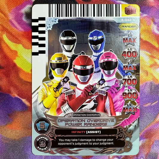 Super Rare card featuring the Power Rangers from Power Rangers Operation Overdrive. Found in the Legends Unite expansion to the Power Rangers Action Card Game.