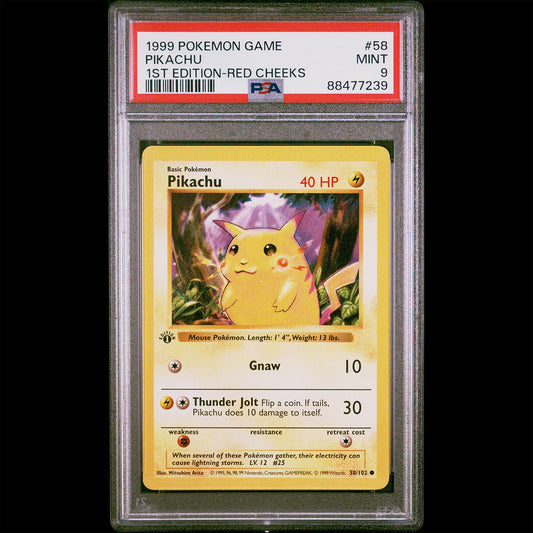 PSA Mint 9 Base Set 1st Edition Red Cheeks Pikachu from the Pokemon Trading Card Game.  PSA Certification Verification #88477239