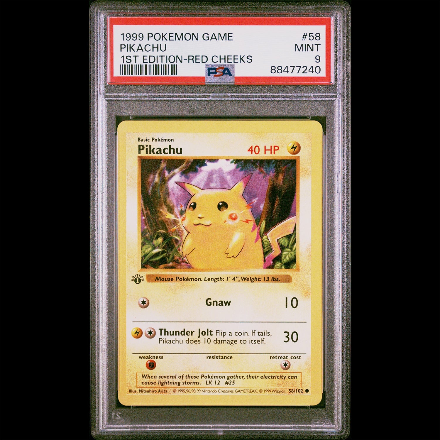 PSA Mint 9 Base Set 1st Edition Red Cheeks Pikachu from the Pokemon Trading Card Game.  PSA Certification Verification #88477240