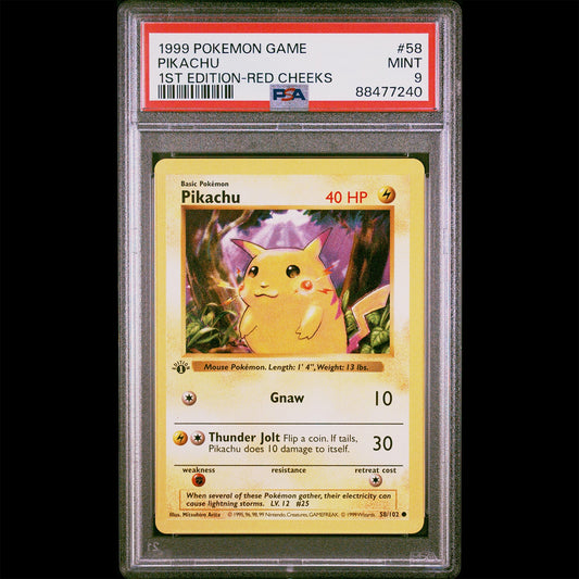 PSA Mint 9 Base Set 1st Edition Red Cheeks Pikachu from the Pokemon Trading Card Game.  PSA Certification Verification #88477240