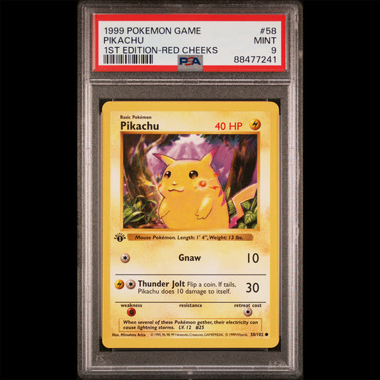 PSA Mint 9 Base Set 1st Edition Red Cheeks Pikachu from the Pokemon Trading Card Game.  PSA Certification Verification #88477241