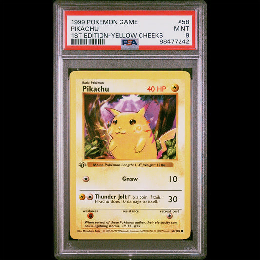 PSA Mint 9 Base Set 1st Edition Yellow Cheeks Shadowless Pikachu from the Pokemon Trading Card Game.  PSA Certification Verification #88477242