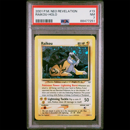 PSA Near Mint 7 Neo Revelation Holo Raikou from the Pokemon Trading Card Game.  PSA Certification Verification #88477251