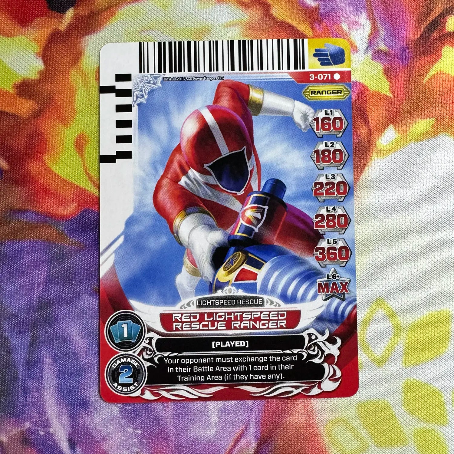 Rare card featuring the Red Ranger from Lightspeed Rescue. Found in the Universe of Hope expansion to the Power Rangers Action Card Game.