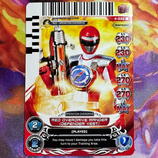 Rare card featuring the Red Ranger wearing the Defender Vest from Power Rangers Operation Overdrive. Found in the Legends Unite expansion to the Power Rangers Action Card Game.