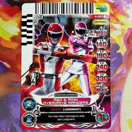 Rare card featuring the Red &amp; Pink Rangers from Power Rangers Operation Overdrive. Found in the Legends Unite expansion to the Power Rangers Action Card Game.