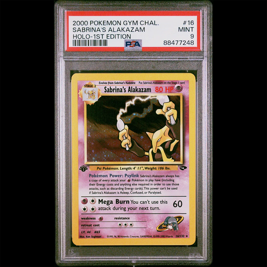 PSA Mint 9 Gym Challenge 1st Edition Holo Sabrina's Alakazam from the Pokemon Trading Card Game.  PSA Certification Verification #88477248