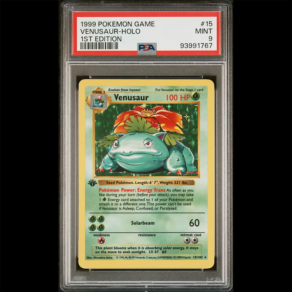 PSA Mint 9 Base Set 1st Edition Shadowless Venusaur from the Pokemon Trading Card Game.