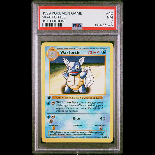 PSA Near Mint 7 Base Set 1st Edition Shadowless Wartortle from the Pokemon Trading Card Game.  PSA Certification Verification #88477245