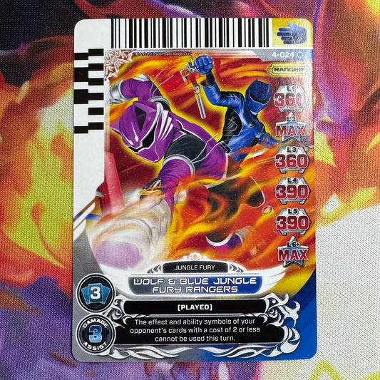 Common card featuring the Wolf and Blue Rangers from Power Rangers Jungle Fury. Found in the Legends Unite expansion to the Power Rangers Action Card Game.